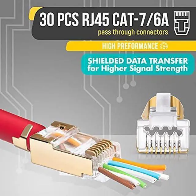 Alt view image 3 of 5 - Everest Media Solutions RJ45 Cat7 & Cat6A Pass Through Connectors - 30 Pcs, 50UM Gold Plated Shielded FTP/STP External Ground for 23 AWG Network Cable
