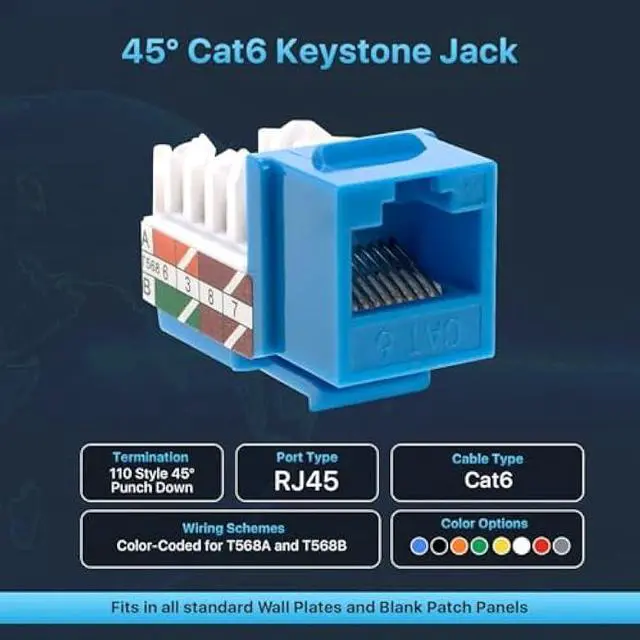 Alt view image 2 of 5 - SATMAXIMUM 20 Pack Cat6 Keystone Ethernet Wall Jacks RJ45 Punch Down Slim Profile UTP Blue, 45 Degree for Patch Panel & Wall Plate, Supports Up to 10Gbps