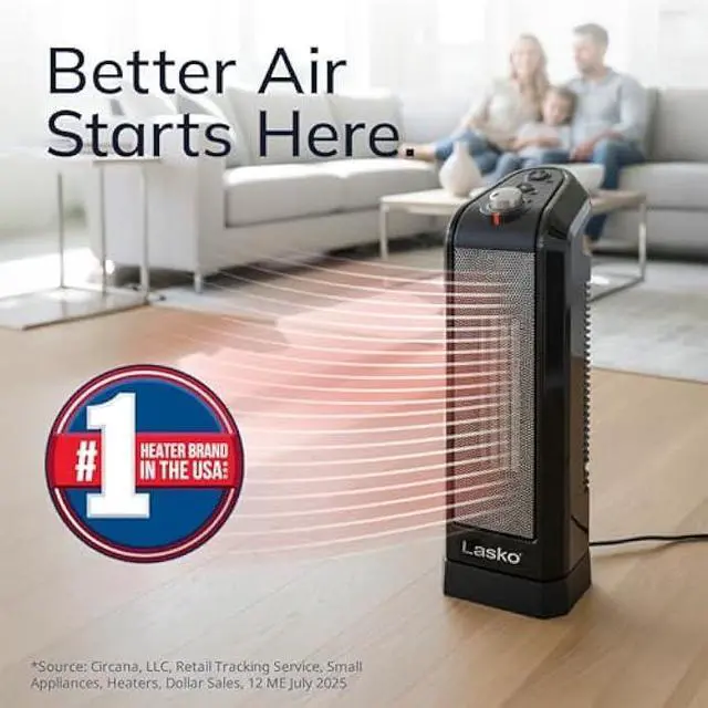 Alt view image 2 of 5 - Lasko Oscillating Ceramic Space Heater for Home with Overheat Protection, Thermostat, and 3 Speeds, 15.7 Inches, Black, 1500W, CT16450, Small, 4 Pounds