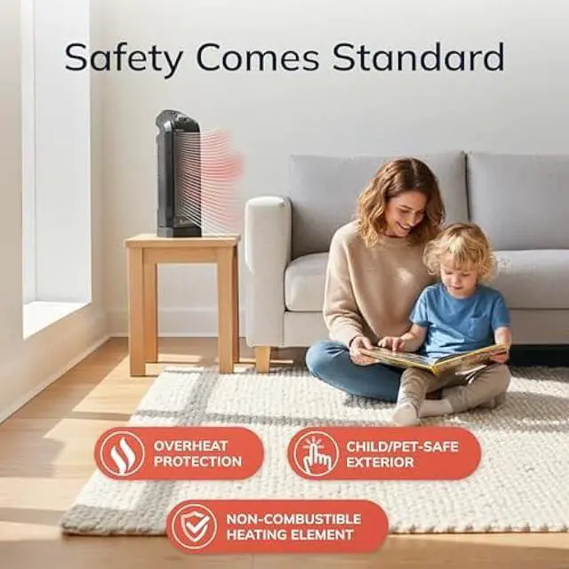 Alt view image 5 of 5 - Lasko Oscillating Ceramic Space Heater for Home with Overheat Protection, Thermostat, and 3 Speeds, 15.7 Inches, Black, 1500W, CT16450, Small, 4 Pounds