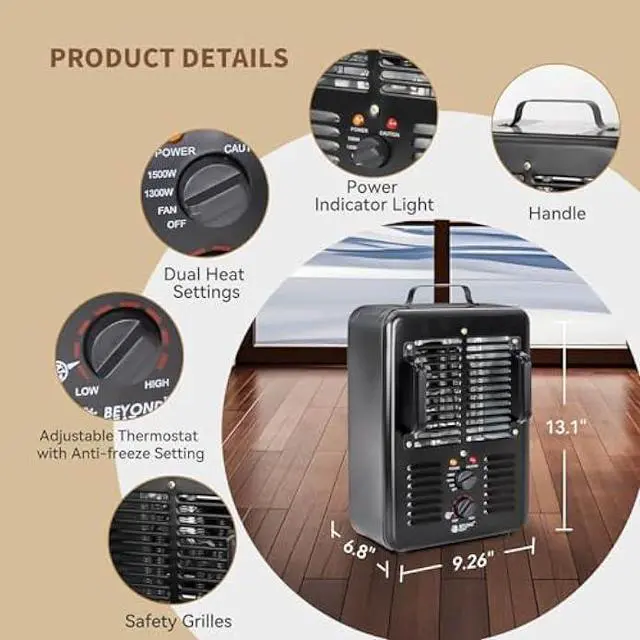 Alt view image 3 of 5 - Milkhouse Space Heater, 1300W/1500W Electric Heater with Thermostat, 3 Heat Settings, Safe and Quiet for Home Garage Workshop Warehouse, Black
