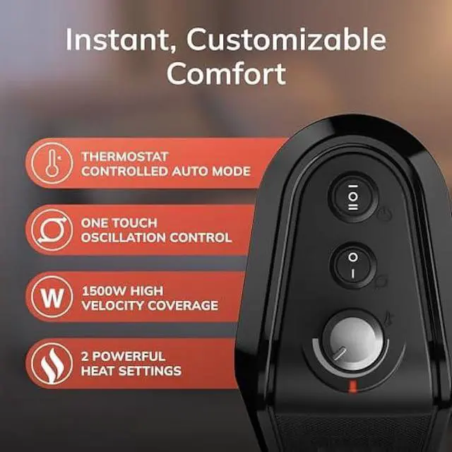 Alt view image 4 of 5 - Lasko Oscillating Ceramic Space Heater for Home with Overheat Protection, Thermostat, and 3 Speeds, 15.7 Inches, Black, 1500W, CT16450, Small, 4 Pounds