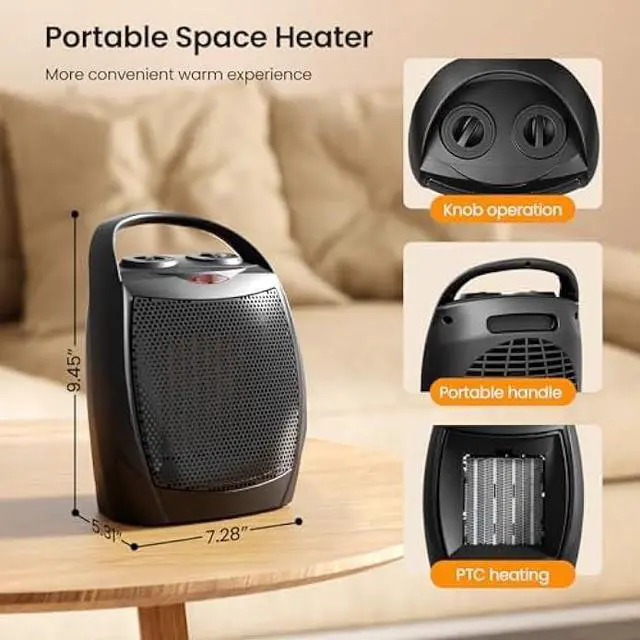 Alt view image 2 of 6 - Kismile Small Electric Space Heater Ceramic Space Heater,Portable Heater Fan for Office with Adjustable Thermostat and Overheat Protection ETL Listed for Kitchen, 750W/1500W(Black)