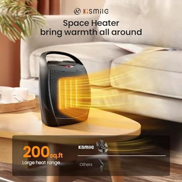 Alt view image 3 of 6 - Kismile Small Electric Space Heater Ceramic Space Heater,Portable Heater Fan for Office with Adjustable Thermostat and Overheat Protection ETL Listed for Kitchen, 750W/1500W(Black)