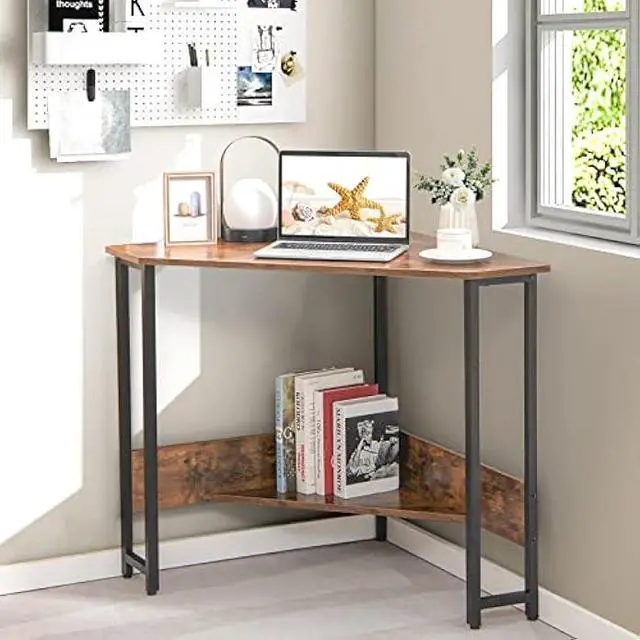Alt view image 2 of 6 - Tangkula Corner Desk with Power Outlet & USB Ports, Triangle Computer Desk with Charging Station, Storage Shelf, Space Saving Writing Desk, Vanity Table, Corner Desk for Small Space (Rustic Brown)