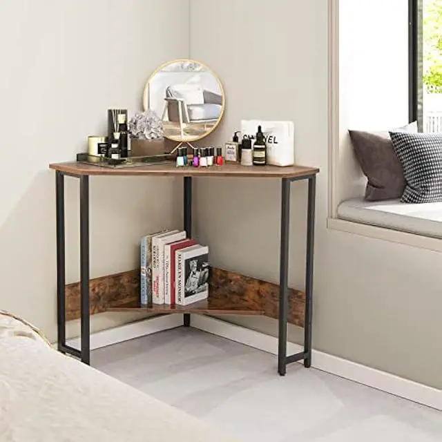 Alt view image 5 of 6 - Tangkula Corner Desk with Power Outlet & USB Ports, Triangle Computer Desk with Charging Station, Storage Shelf, Space Saving Writing Desk, Vanity Table, Corner Desk for Small Space (Rustic Brown)