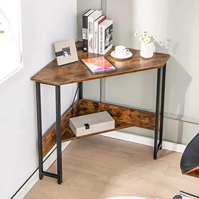 Alt view image 4 of 6 - Tangkula Corner Desk with Power Outlet & USB Ports, Triangle Computer Desk with Charging Station, Storage Shelf, Space Saving Writing Desk, Vanity Table, Corner Desk for Small Space (Rustic Brown)