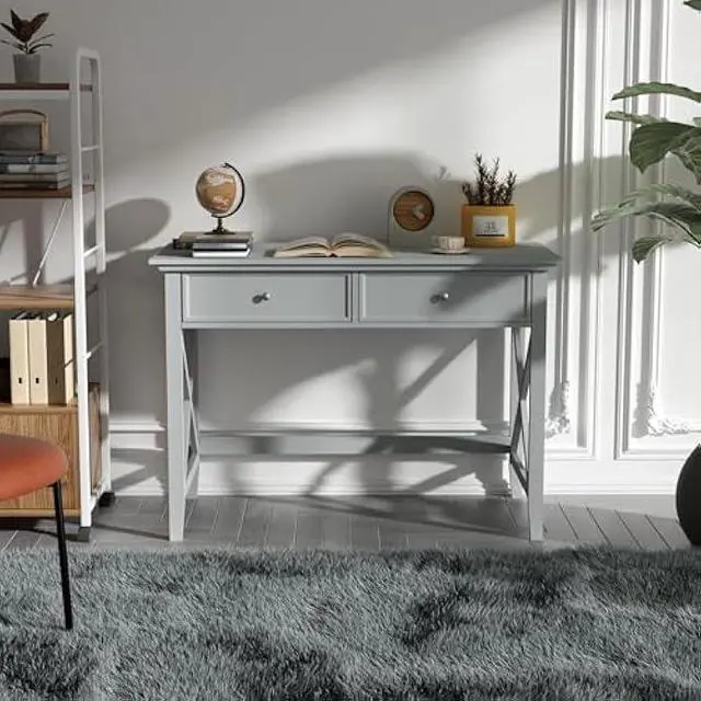 Alt view image 3 of 6 - Computer Desk with 2 Drawers, Elegant Home Office Writing Study Desk with Storage, Modern Simple Vanity Desk Console Table for Living Room, Grey