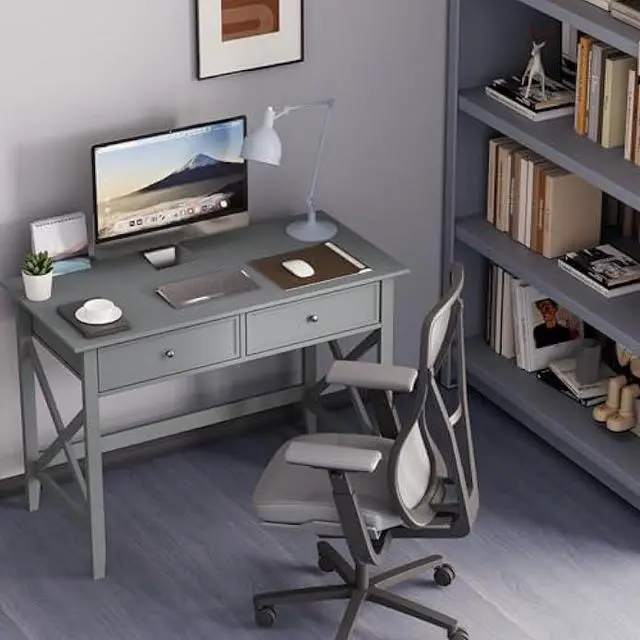 Main image of Computer Desk with 2 Drawers, Elegant Home Office Writing Study Desk with Storage, Modern Simple Vanity Desk Console Table for Living Room, Grey