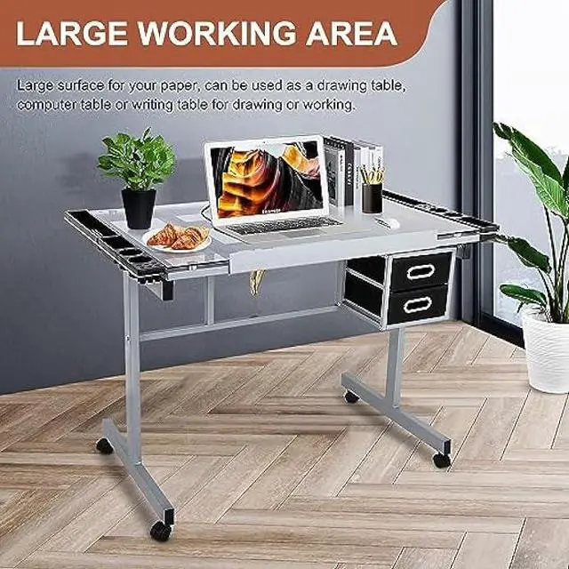 Alt view image 4 of 4 - JupiterForce Adjustable Drafting Table Art Desk Drawing Table Versatile Art Craft Work Station Glass Tabletop w/2 Slide Drawers and Wheels for Reading, Writing, Painting Home Office