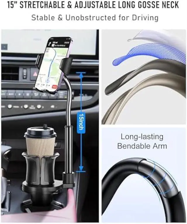 Alt view image 3 of 7 - Cup Phone Mount for Car, 2 in 1 Universal Cup Phone Holder for Car, Stretchable Long Neck Car Phone Mount, Hands Free 360° Rotation Compatible with All Smartphones