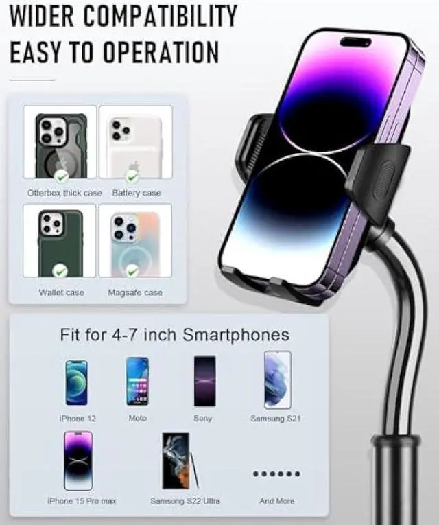 Alt view image 4 of 7 - Cup Phone Mount for Car, 2 in 1 Universal Cup Phone Holder for Car, Stretchable Long Neck Car Phone Mount, Hands Free 360° Rotation Compatible with All Smartphones