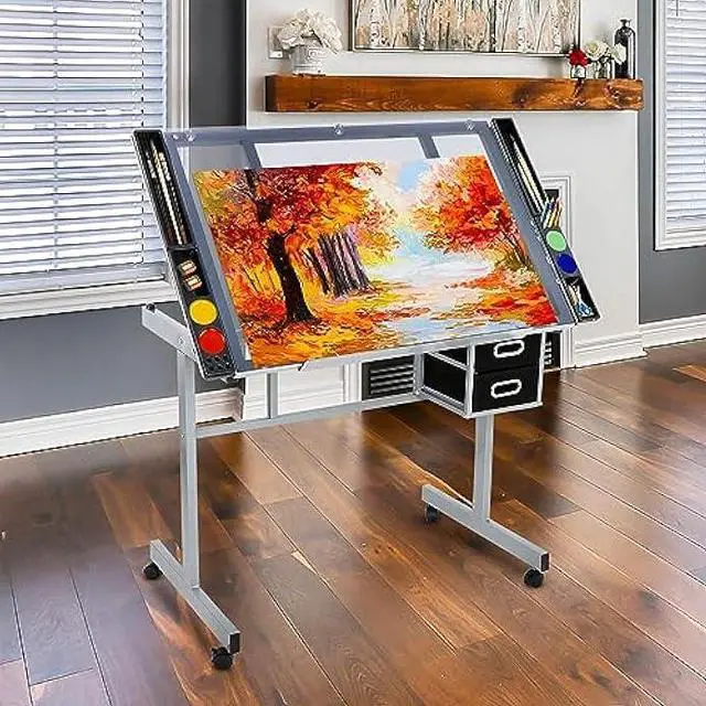 Alt view image 2 of 4 - JupiterForce Adjustable Drafting Table Art Desk Drawing Table Versatile Art Craft Work Station Glass Tabletop w/2 Slide Drawers and Wheels for Reading, Writing, Painting Home Office