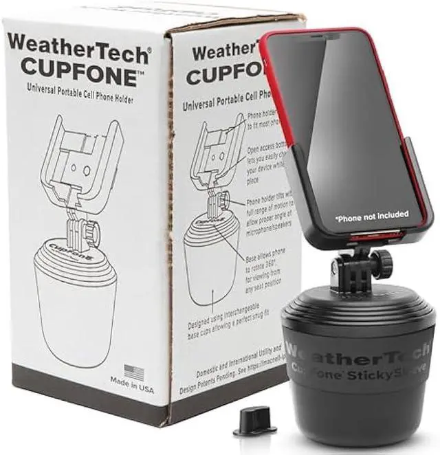 Main image of WeatherTech CupFone, Universal Cup Holder Phone Mount for Cars  Adjustable & Secure Fit with Open Access for Charging  Compatible with iPhone, Android - Plastic Knobs, Black