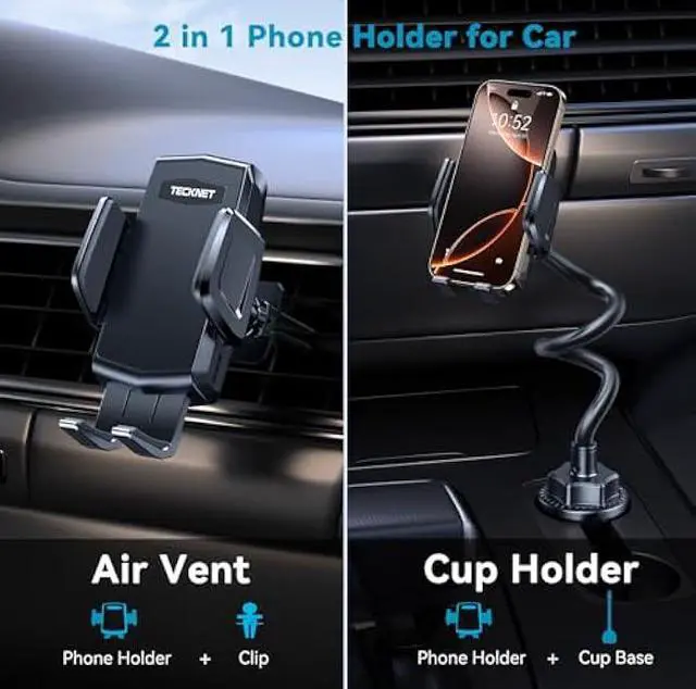 Alt view image 2 of 5 - TECKNET Cup Phone Holder for Car - Adjustable Gooseneck Cup Holder Cradle Car Mount with Air Vent Holders & Expandable Base, Cell Phone Holders for iPhone 17/16 Pro Max and All Cell Phones, Cars model