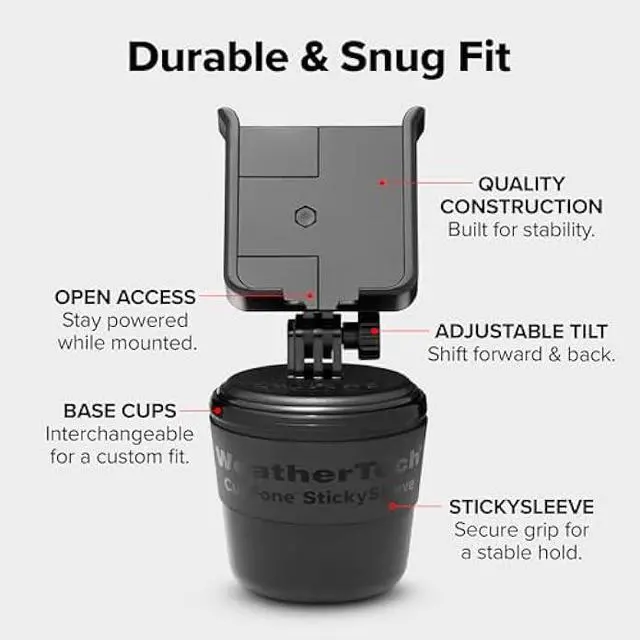 Alt view image 3 of 5 - WeatherTech CupFone, Universal Cup Holder Phone Mount for Cars  Adjustable & Secure Fit with Open Access for Charging  Compatible with iPhone, Android - Plastic Knobs, Black