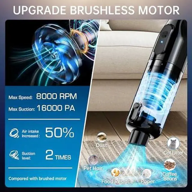 Alt view image 3 of 6 - Handheld Vacuum Cordless, Car Vacuum with 16000Pa Powerful Suction, Lightweight at 1.3 lbs, Type-C Charge, Multiple Accessories, Rechargeable Vacuum Cleaners for Home Office Car Pet