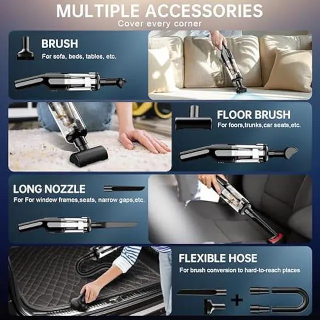 Alt view image 4 of 6 - Handheld Vacuum Cordless, Car Vacuum with 16000Pa Powerful Suction, Lightweight at 1.3 lbs, Type-C Charge, Multiple Accessories, Rechargeable Vacuum Cleaners for Home Office Car Pet