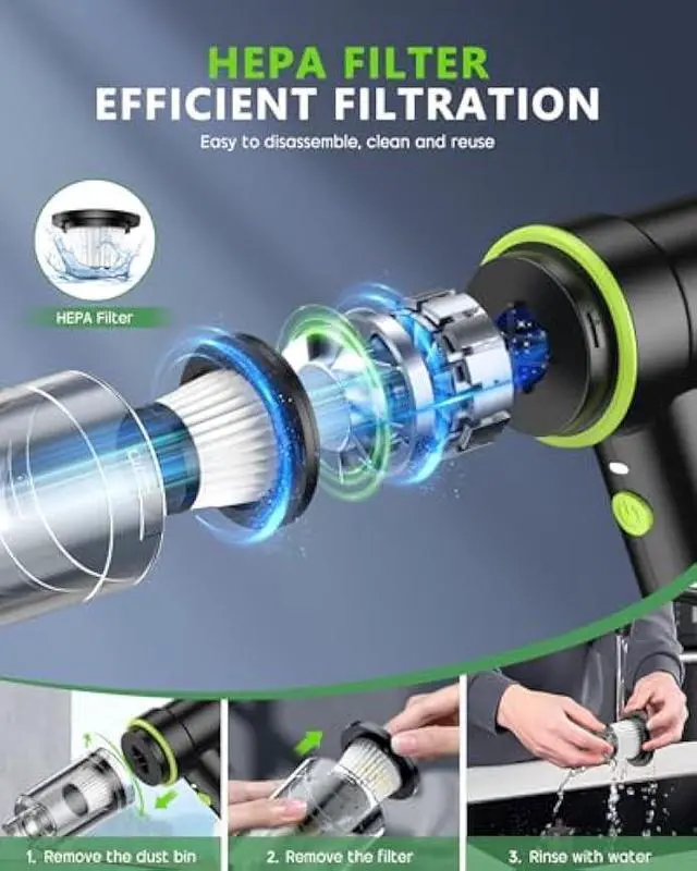 Alt view image 6 of 7 - CODN Handheld Car Vacuum Portable Cordless 12000PA, 2 in 1 Handheld Vacuum Cleaner and Air Duster with Multi-Nozzles and LED Light, Mini Hand Held Vacuum Rechargeable for Home, Car, Office, Pet Hair