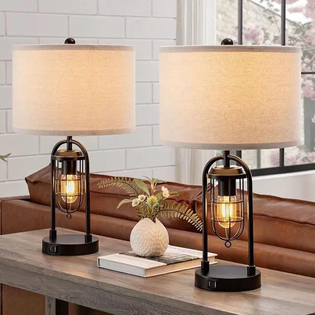 Main image of KAWOTI Set of 2 Farmhouse Table Lamps with USB Ports and Night Light Modern Nightstand Lamp for Living Room BedroomBulbs Included