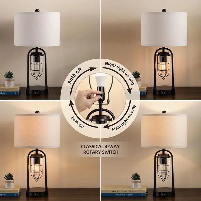 Alt view image 2 of 7 - KAWOTI Set of 2 Farmhouse Table Lamps with USB Ports and Night Light Modern Nightstand Lamp for Living Room BedroomBulbs Included