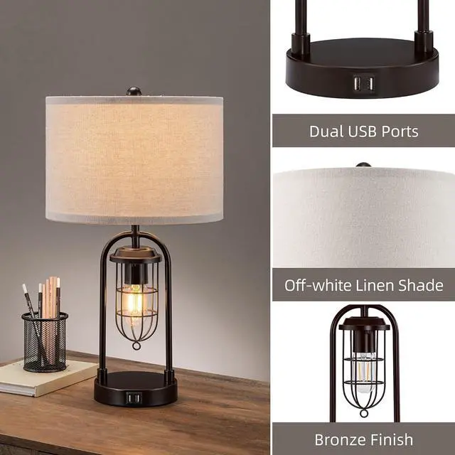 Alt view image 5 of 7 - KAWOTI Set of 2 Farmhouse Table Lamps with USB Ports and Night Light Modern Nightstand Lamp for Living Room BedroomBulbs Included