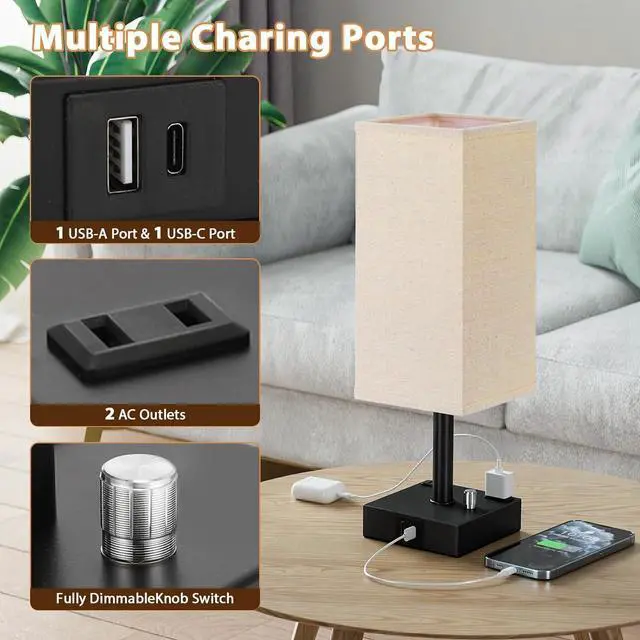 Alt view image 3 of 7 - Fully Dimmable Nightstand Lamps Set of 2 - Table Bedside Lamp with USB C+A Charging Ports & 2 AC Outlets, Square Lamp Sets Linen Fabric Shade for Bedroom Living Room(Bulb Included)