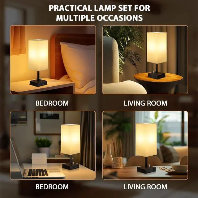 Alt view image 7 of 7 - Fully Dimmable Nightstand Lamps Set of 2 - Table Bedside Lamp with USB C+A Charging Ports & 2 AC Outlets, Square Lamp Sets Linen Fabric Shade for Bedroom Living Room(Bulb Included)