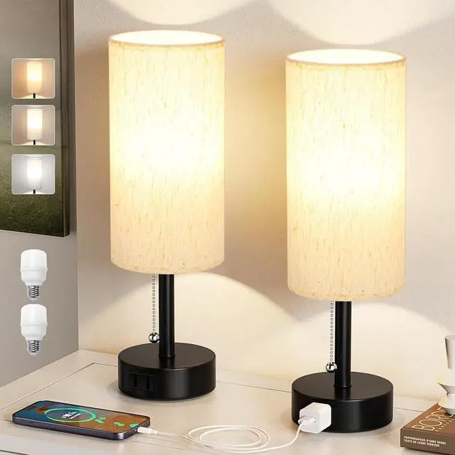 Main image of Fenmzee Bedside Table Lamps Set of 2-3 Color Temperatures Pull Chain Lamp with AC Outlet Charging Port, Small Round Night Stand Lamps for Bedroom Guest Room Office, Bed Side Light with E26 LED Bulbs