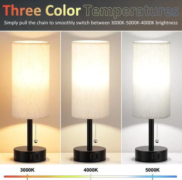 Alt view image 2 of 7 - Fenmzee Bedside Table Lamps Set of 2-3 Color Temperatures Pull Chain Lamp with AC Outlet Charging Port, Small Round Night Stand Lamps for Bedroom Guest Room Office, Bed Side Light with E26 LED Bulbs
