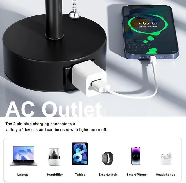 Alt view image 3 of 7 - Fenmzee Bedside Table Lamps Set of 2-3 Color Temperatures Pull Chain Lamp with AC Outlet Charging Port, Small Round Night Stand Lamps for Bedroom Guest Room Office, Bed Side Light with E26 LED Bulbs