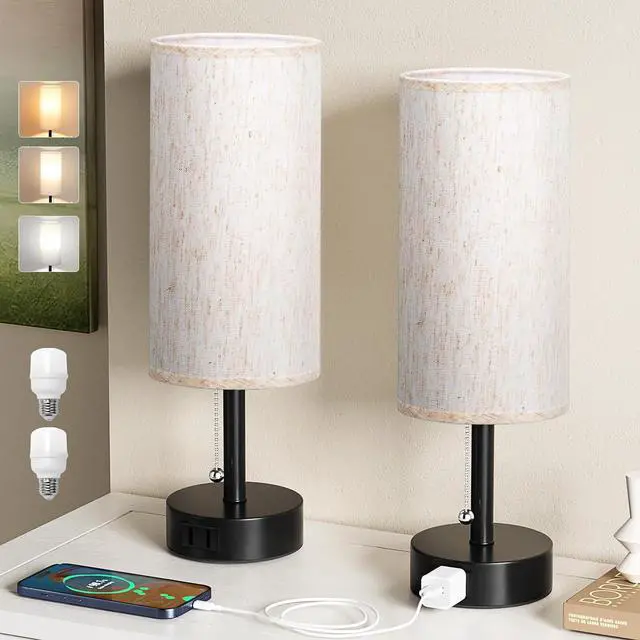 Alt view image 7 of 7 - Fenmzee Bedside Table Lamps Set of 2-3 Color Temperatures Pull Chain Lamp with AC Outlet Charging Port, Small Round Night Stand Lamps for Bedroom Guest Room Office, Bed Side Light with E26 LED Bulbs
