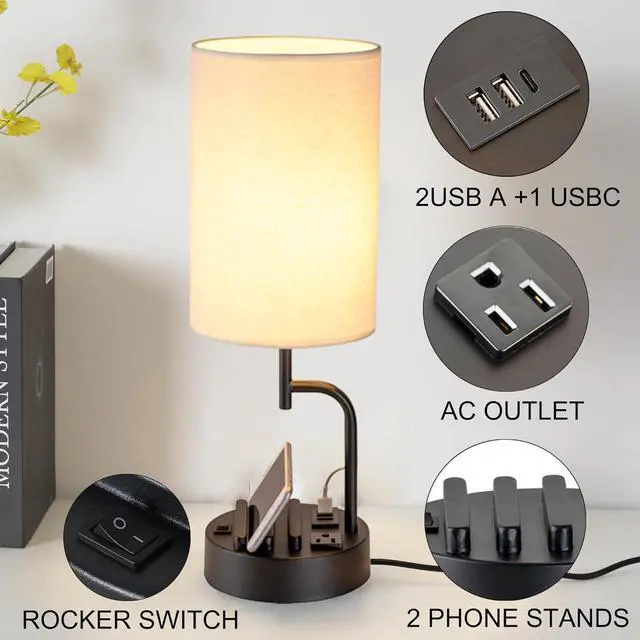 Alt view image 2 of 7 - Dreamholder Table Lamp with 3 USB Charging Ports, Modern Desk Lamp with AC Outlet and Phone Stands, Perfect Bedside Lamp for Bedroom, Living Room, Office (Pack of 2), Cream