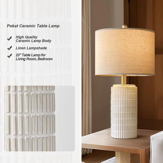 Alt view image 3 of 7 - PoKat 23" Modern Ceramic Table Lamp Set of 2 for Living Room White Desk Lamps for Bedroom Farmhouse Bedside Nightstand Bedside Lamp End Table Lamps Beige