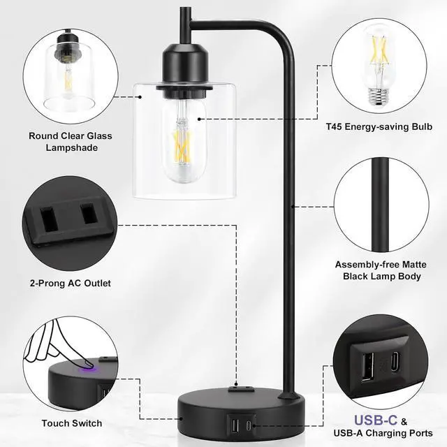 Alt view image 7 of 7 - Industrial Touch Table Lamps for Bedrooms Set of 2 - 3-Way Dimmable Nightstand Lamps with USB C+A Ports and Outlet, Black Bedside Lamps with Glass Shade for Living Room, Desk Lamps for Home Office