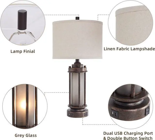 Alt view image 7 of 7 - Set of 2 Farmhouse Lamps for Living Room, Rustic Vintage Bedroom Nightstand Table Lamp with 2 USB Charging Ports, Built-In Frosted Glass Night Light for End Table Entryway, 4 Bulbs Included (Bronze)