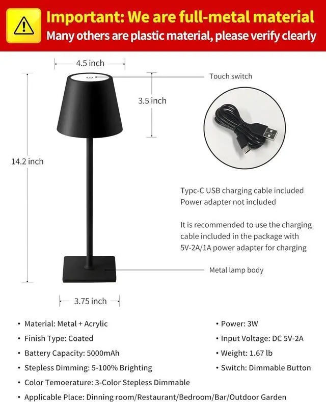 Alt view image 5 of 7 - KDG 2 Pack Cordless Table Lamp, Portable LED Desk Lamps, 5000mAh Battery Operated, 3 Color Stepless Dimming Up, for Restaurant, Bedroom, Outdoor Camping, Coffee Shop, Night Light, Rechargeable (Black)