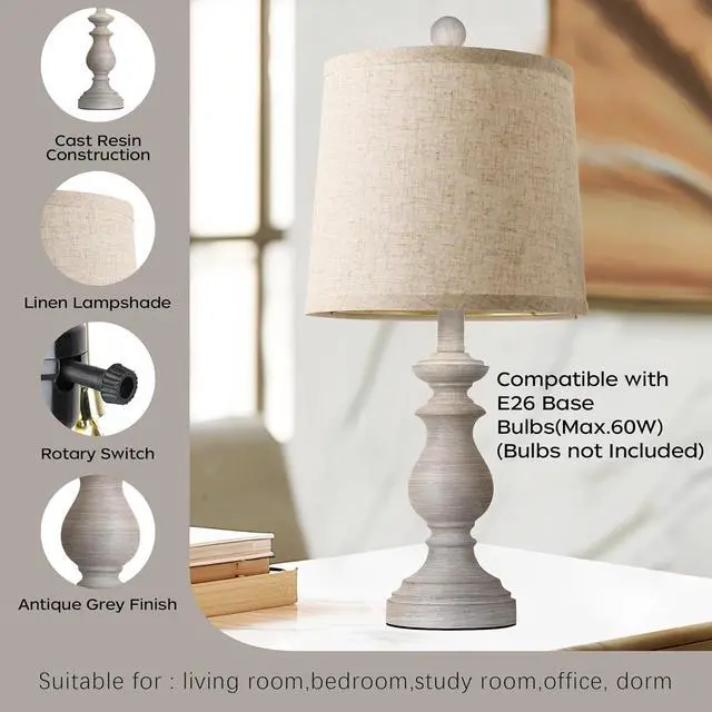 Alt view image 4 of 7 - PARTPHONER Traditional Table Lamp Set of 2, Rustic Farmhouse Table Lamps for Living Room Bedroom, 22" Bedside Desk Lamps Vintage Nightstand Lamps with Linen Shades, Antique Grey
