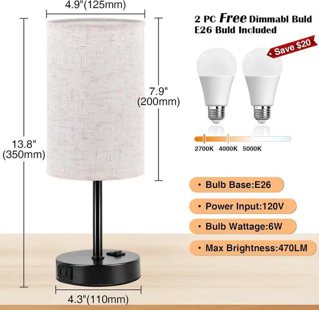 Alt view image 2 of 7 - ZJOJO Table Lamp for Bedroom Set of 2, Bedside Small Lamps with 3 Way Dimmable Rocker Switch and AC Outlet, Nightstand Desk Lamp with Flaxen Fabric Shade Black Base for Living Room Home Decor Lights