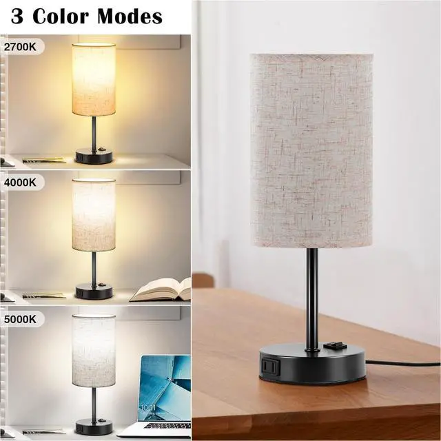 Alt view image 3 of 7 - ZJOJO Table Lamp for Bedroom Set of 2, Bedside Small Lamps with 3 Way Dimmable Rocker Switch and AC Outlet, Nightstand Desk Lamp with Flaxen Fabric Shade Black Base for Living Room Home Decor Lights