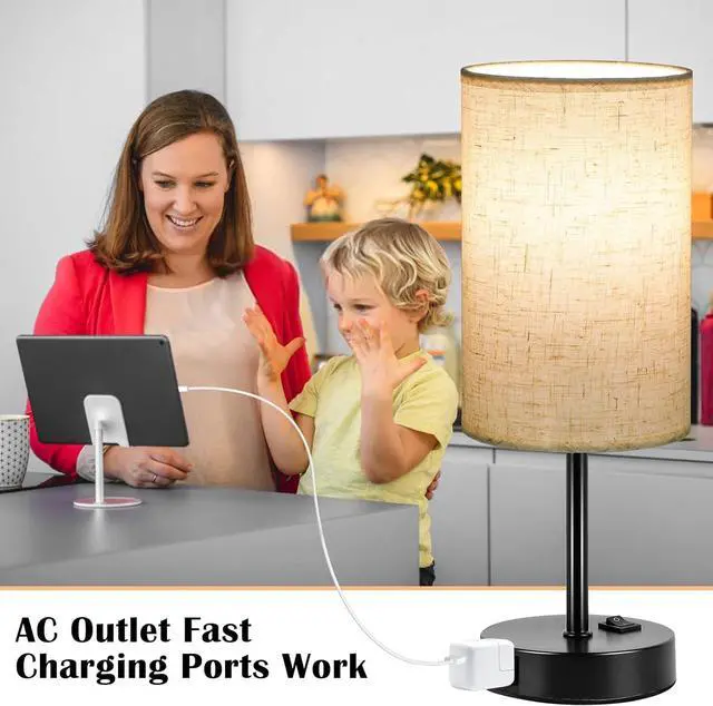 Alt view image 4 of 7 - ZJOJO Table Lamp for Bedroom Set of 2, Bedside Small Lamps with 3 Way Dimmable Rocker Switch and AC Outlet, Nightstand Desk Lamp with Flaxen Fabric Shade Black Base for Living Room Home Decor Lights