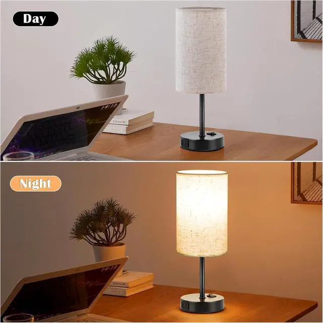 Alt view image 5 of 7 - ZJOJO Table Lamp for Bedroom Set of 2, Bedside Small Lamps with 3 Way Dimmable Rocker Switch and AC Outlet, Nightstand Desk Lamp with Flaxen Fabric Shade Black Base for Living Room Home Decor Lights