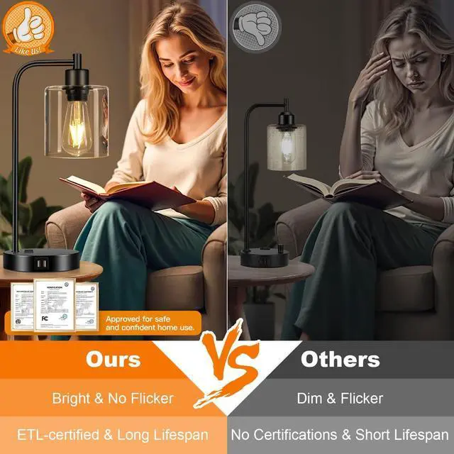 Alt view image 5 of 7 - Set of 2 Industrial Touch Control Table Lamps with 2 USB Ports and AC Outlet - 3-Way Dimmable Black Bedside Lamps Nightstand Desk Lamps for Bedroom Living Room, Glass Shade & 2 LED Bulbs Included