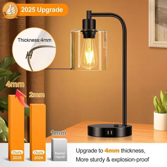 Alt view image 6 of 7 - Set of 2 Industrial Touch Control Table Lamps with 2 USB Ports and AC Outlet - 3-Way Dimmable Black Bedside Lamps Nightstand Desk Lamps for Bedroom Living Room, Glass Shade & 2 LED Bulbs Included