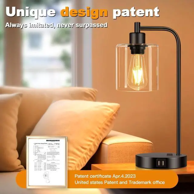 Alt view image 7 of 7 - Set of 2 Industrial Touch Control Table Lamps with 2 USB Ports and AC Outlet - 3-Way Dimmable Black Bedside Lamps Nightstand Desk Lamps for Bedroom Living Room, Glass Shade & 2 LED Bulbs Included