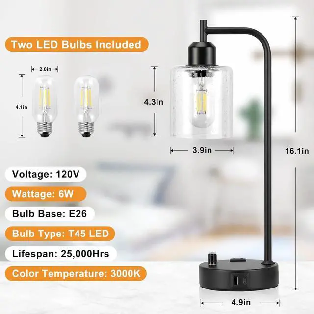 Alt view image 2 of 7 - Industrial Table Lamps for Bedrooms Set of 2 - Fully Dimmable Bedside Lamps with USB A and C Ports and Outlet, Black Nightstand Lamps with Glass Shade for Living Room, Desk Lamps for Office Reading
