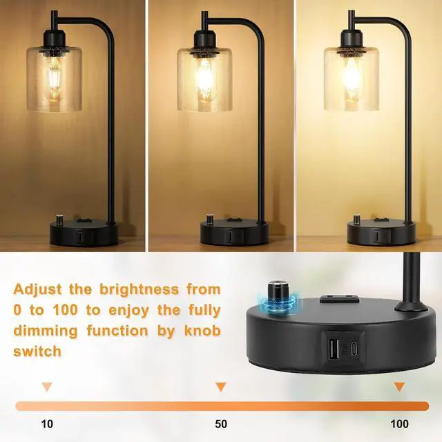 Alt view image 3 of 7 - Industrial Table Lamps for Bedrooms Set of 2 - Fully Dimmable Bedside Lamps with USB A and C Ports and Outlet, Black Nightstand Lamps with Glass Shade for Living Room, Desk Lamps for Office Reading