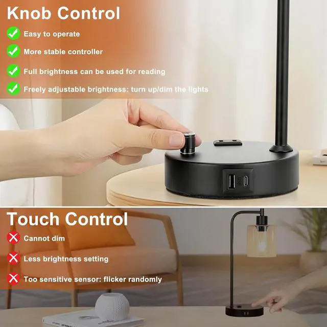 Alt view image 4 of 7 - Industrial Table Lamps for Bedrooms Set of 2 - Fully Dimmable Bedside Lamps with USB A and C Ports and Outlet, Black Nightstand Lamps with Glass Shade for Living Room, Desk Lamps for Office Reading