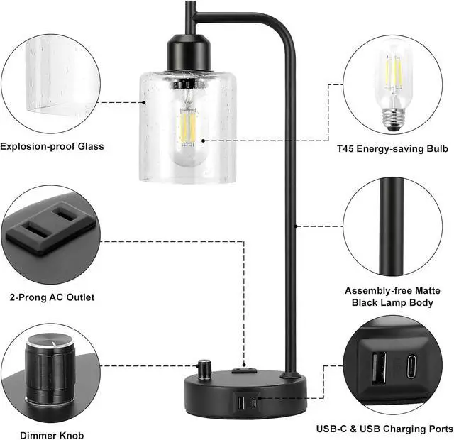 Alt view image 7 of 7 - Industrial Table Lamps for Bedrooms Set of 2 - Fully Dimmable Bedside Lamps with USB A and C Ports and Outlet, Black Nightstand Lamps with Glass Shade for Living Room, Desk Lamps for Office Reading