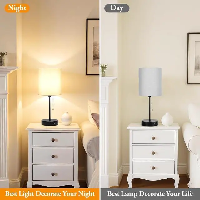 Alt view image 4 of 7 - 17.3 Table Lamps Set of 2 with 2 USB & AC Outlet, Bedside Nightstand Lamps for Bedroom Living Room Kids Room, Desk Lamp with Pull Chain Switch & Fabric Shade for Office Reading Nursery, Grey